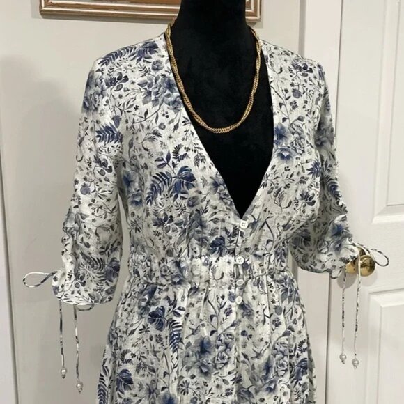 Palm Noosa Linen Midi Dress Blue Floral - Picture 2 of 6